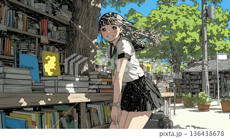 書店で本を選ぶ女子高生 書店で本を選ぶ女子高生 136438678