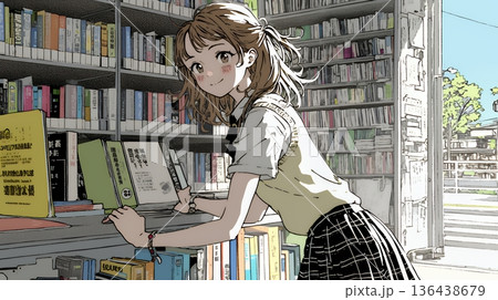 書店で本を選ぶ女子高生