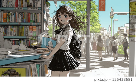 書店で本を選ぶ女子高生