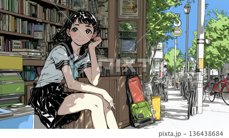 書店で本を選ぶ女子高生