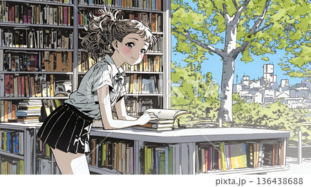 書店で本を選ぶ女子高生