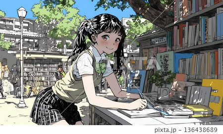 書店で本を選ぶ女子高生