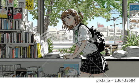 書店で本を選ぶ女子高生