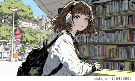 書店で本を選ぶ女子高生