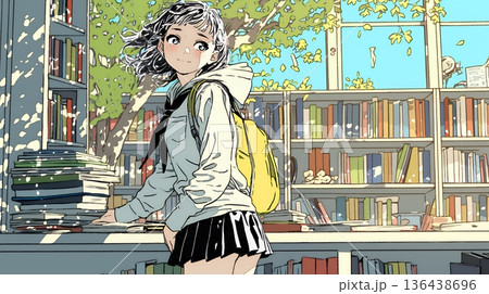 書店で本を選ぶ女子高生