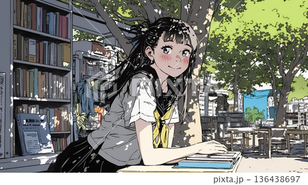 書店で本を選ぶ女子高生