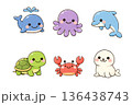 かわいい海のいきものキャラクターセット 136438743