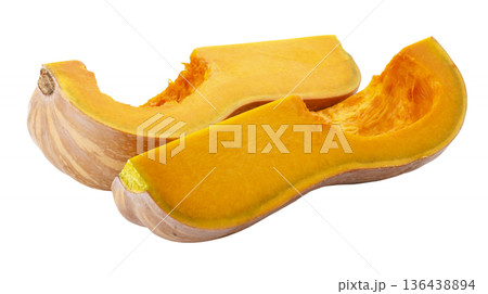 Pumpkin Butternut Squash Cut into pieces isolated on a white background Pumpkin Butternut Squash Cut into pieces isolated on a white background 136438894