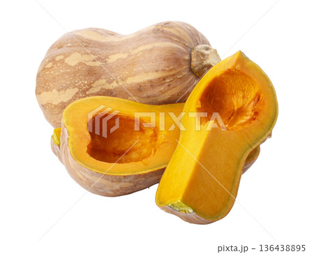 Pumpkin Butternut Squash Cut into pieces isolated on a white background Pumpkin Butternut Squash Cut into pieces isolated on a white background 136438895