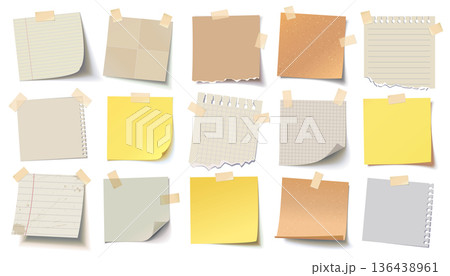 Set of sticky notes and torn paper sheets in various shapes and textures, attached with tape 136438961