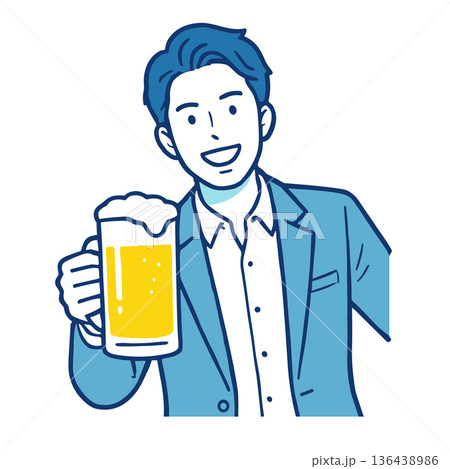 ビールジョッキで乾杯するスーツ男性 斜め向き人物イラスト 136438986