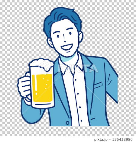 ビールジョッキで乾杯するスーツ男性 斜め向き人物イラスト 136438986