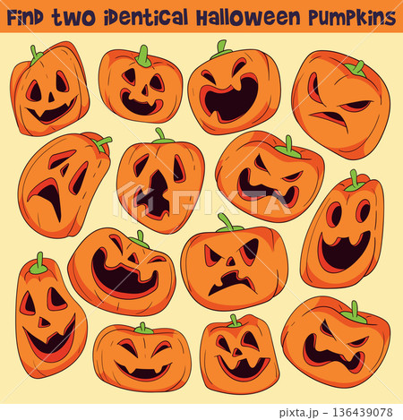 Find two identical jack o' lanterns. Educational game for kids Find two identical jack o' lanterns. Educational game for kids 136439078