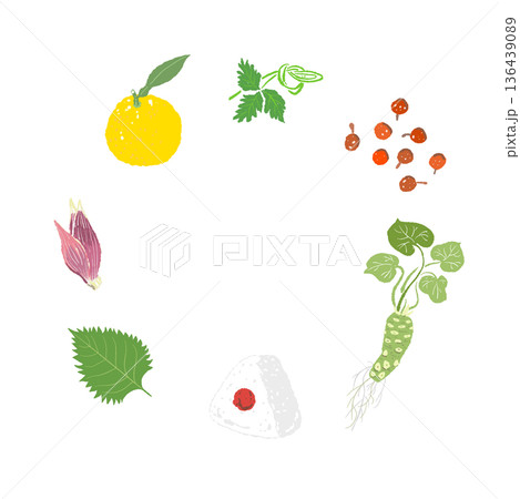 おにぎりと薬味のリースフレームのイラスト 柚子やわさびなどの和食材セット おにぎりと薬味のリースフレームのイラスト 柚子やわさびなどの和食材セット 136439089