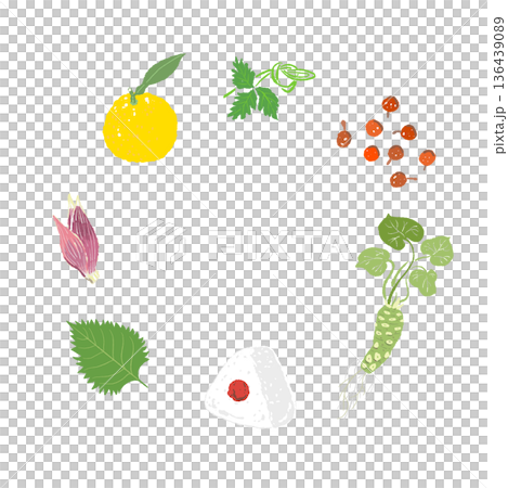 おにぎりと薬味のリースフレームのイラスト 柚子やわさびなどの和食材セット おにぎりと薬味のリースフレームのイラスト 柚子やわさびなどの和食材セット 136439089