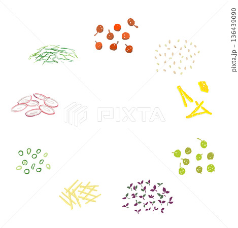 刻んだ薬味のリースフレームのイラスト ネギ・ゴマ・生姜・茗荷の和風素材 136439090