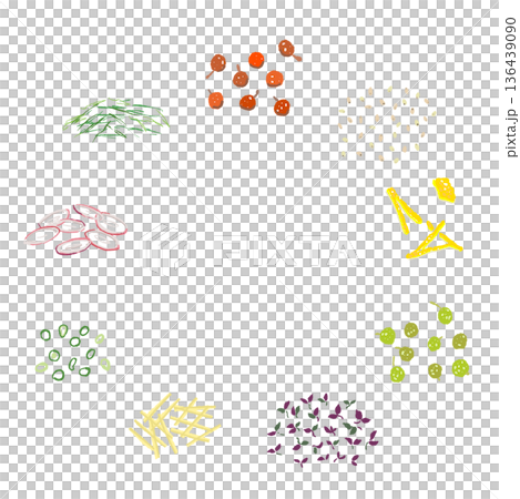 刻んだ薬味のリースフレームのイラスト ネギ・ゴマ・生姜・茗荷の和風素材 136439090