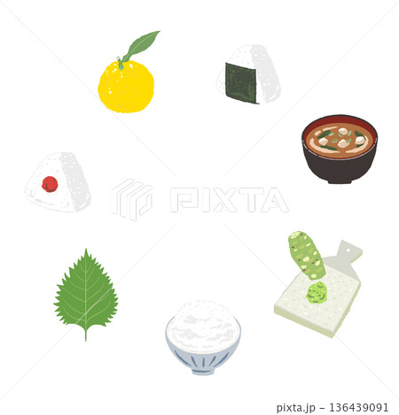おにぎりと味噌汁の定食フレームイラスト 和食ランチの四角い枠素材 136439091