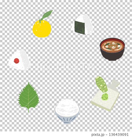 おにぎりと味噌汁の定食フレームイラスト 和食ランチの四角い枠素材 136439091
