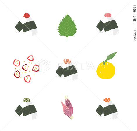 おにぎりと茗荷とすだちのパターン背景イラスト 和食のかわいい総柄素材 136439093