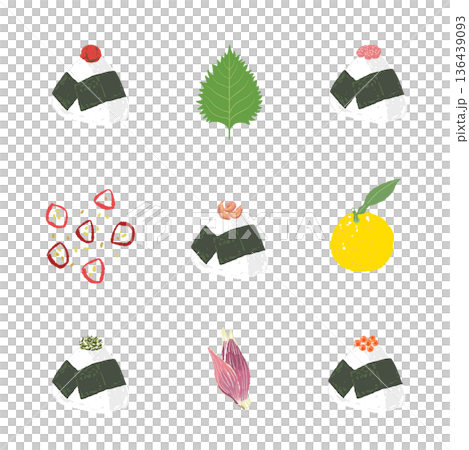 おにぎりと茗荷とすだちのパターン背景イラスト 和食のかわいい総柄素材 136439093