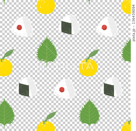 おにぎりと柚子と大葉のパターン背景イラスト 爽やかな和風の総柄素材 136439094