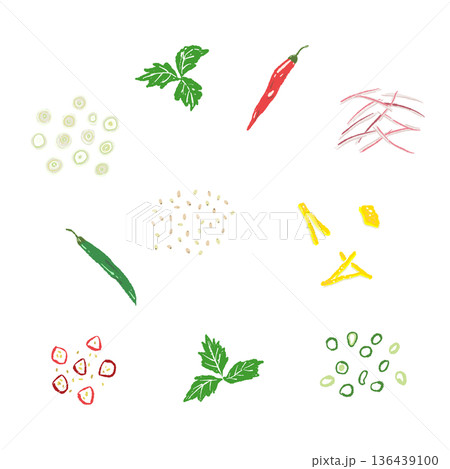 色々な薬味の散らしパターン背景イラスト 和食のトッピング素材 136439100