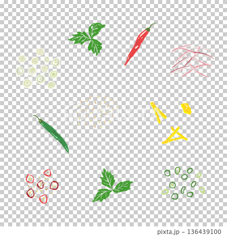 色々な薬味の散らしパターン背景イラスト 和食のトッピング素材 136439100