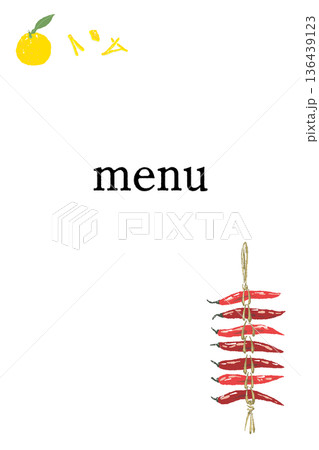 柚子と唐辛子のメニューフレームイラスト スパイスと香りの和風縦枠素材 136439123