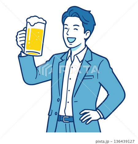 ビールジョッキで乾杯するスーツ男性 笑顔の人物イラスト 136439127