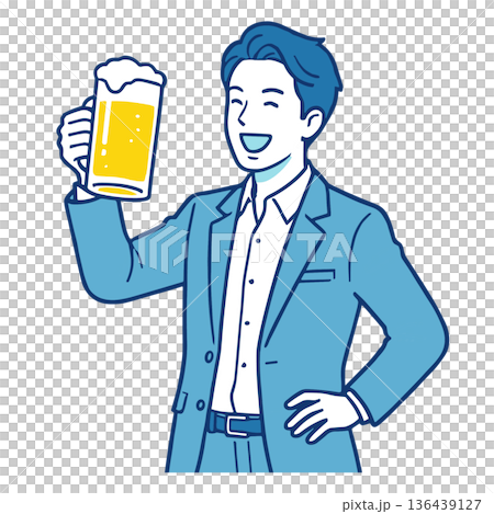 ビールジョッキで乾杯するスーツ男性 笑顔の人物イラスト 136439127