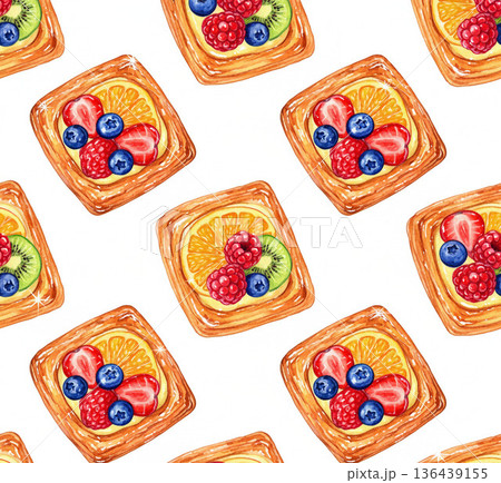 パン・ベーカリーシリーズ：フルーツデニッシュが宝石のように並ぶスイーツパターン 136439155