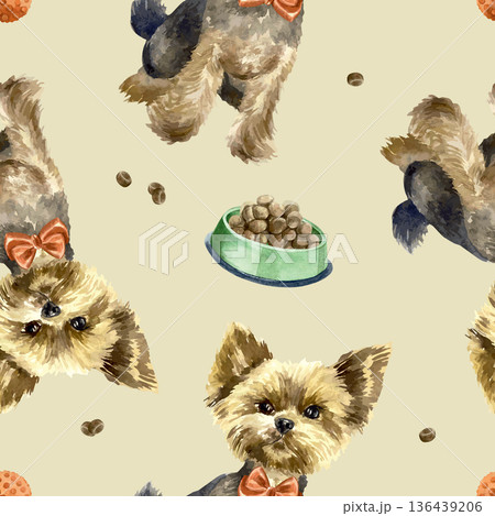 Dogs seamless pattern. Yorkshire terrier with a red bow sitting with a bowl of food. Hand drawn watercolor illustration. Vector clip art for postcards, wrapping paper, wallpaper and fabric. Dogs seamless pattern. Yorkshire terrier with a red bow sitting with a bowl of food. Hand drawn watercolor illustration. Vector clip art for postcards, wrapping paper, wallpaper and fabric. 136439206