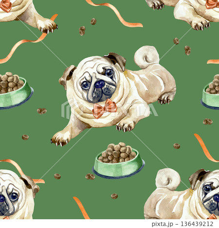Dog seamless pattern. Pug lying with a food bowl and a red ribbon. Hand drawn watercolor illustration. Vector clip art for postcards, wrapping paper, wallpaper and fabric. 136439212