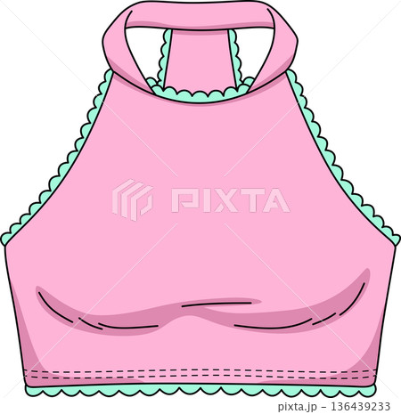 Minimalist Hand Drawn Illustration of a Pink Halter Neck Crop Top with Mint Green Ruffles for Gen Z Fashion and Summer Apparel Design Minimalist Hand Drawn Illustration of a Pink Halter Neck Crop Top with Mint Green Ruffles for Gen Z Fashion and Summer Apparel Design 136439233