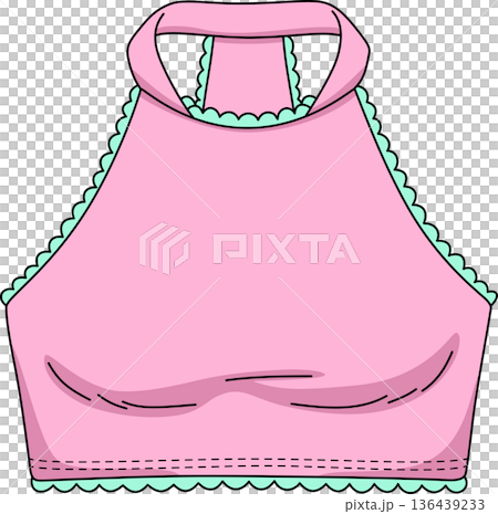 Minimalist Hand Drawn Illustration of a Pink Halter Neck Crop Top with Mint Green Ruffles for Gen Z Fashion and Summer Apparel Design Minimalist Hand Drawn Illustration of a Pink Halter Neck Crop Top with Mint Green Ruffles for Gen Z Fashion and Summer Apparel Design 136439233