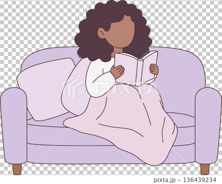 Illustration of a Woman Reading a Book on a Cozy Sofa Under a Blanket for Relaxation 136439234