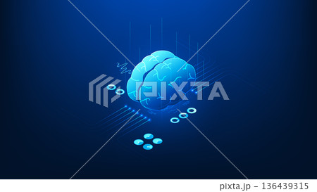 Deep learning technology background brain connected to artificial intelligence systems, with flowing data streams and digital network elements, AI intelligence, data processing, advanced computation. 136439315