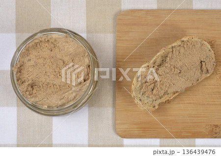 Chicken liver pate jar and bread spread Chicken liver pate jar and bread spread 136439476