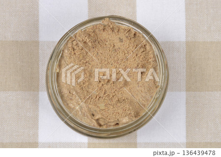 Homemade chicken liver pate in a glass jar Homemade chicken liver pate in a glass jar 136439478