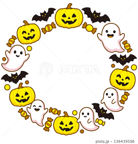 カボチャやおばけ、コウモリたちが「ふんわり」と輪になった、ハロウィン用の円形フレーム 136439586