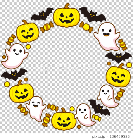カボチャやおばけ、コウモリたちが「ふんわり」と輪になった、ハロウィン用の円形フレーム 136439586