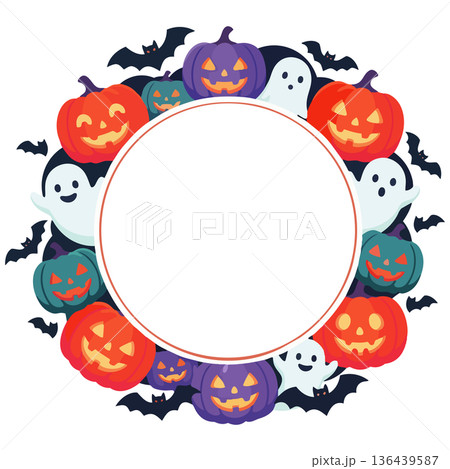 カボチャやおばけ、コウモリたちが「ふんわり」と輪になった、ハロウィン用の円形フレーム カボチャやおばけ、コウモリたちが「ふんわり」と輪になった、ハロウィン用の円形フレーム 136439587
