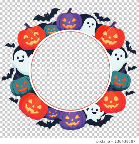 カボチャやおばけ、コウモリたちが「ふんわり」と輪になった、ハロウィン用の円形フレーム カボチャやおばけ、コウモリたちが「ふんわり」と輪になった、ハロウィン用の円形フレーム 136439587
