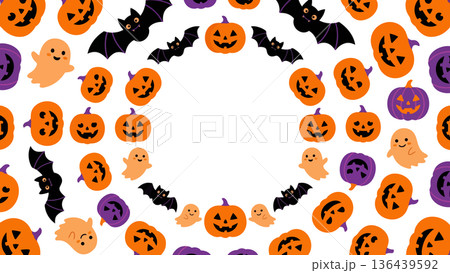 カボチャやおばけ、コウモリたちが「ふんわり」と輪になった、ハロウィン用の円形フレーム 136439592
