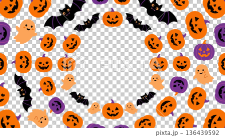カボチャやおばけ、コウモリたちが「ふんわり」と輪になった、ハロウィン用の円形フレーム 136439592