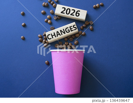 2026 Changes symbol. Concept words 2026 Changes on beautiful wooden picture frame. Beautiful deep blue background with coffee cup and coffee beans. Business and 2026 Changes concept. Copy space. 136439647