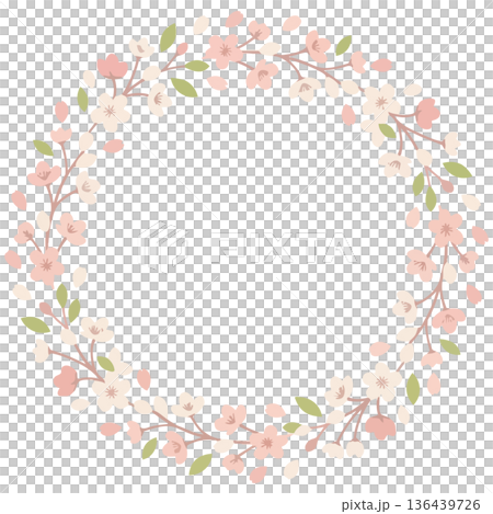 A wreath frame that evokes the arrival of spring, with soft, fluttering cherry blossom petals creating a delicate circle. 136439726