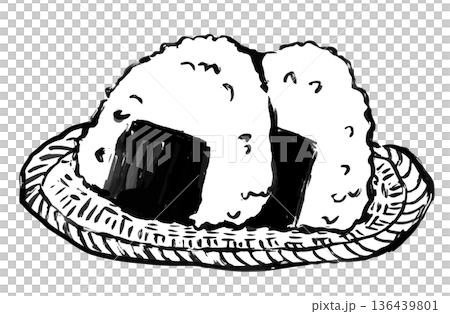 筆ペンで書いたおにぎりのイラスト素材。籠の上に乗っている2つのおむすび。海苔とお米。 筆ペンで書いたおにぎりのイラスト素材。籠の上に乗っている2つのおむすび。海苔とお米。 136439801