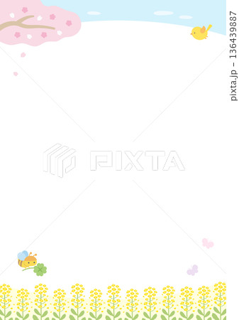 桜と菜の花と春の青空の背景イラスト、縦長 136439887